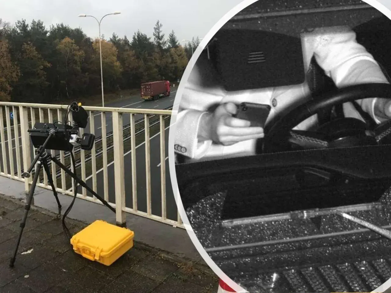 Fahrzeug geblitzt mit Handy in der Hand. Kamera auf Stativ, daneben gelbe Kiste. Innenansicht zeigt Fahrer mit Smartphone.