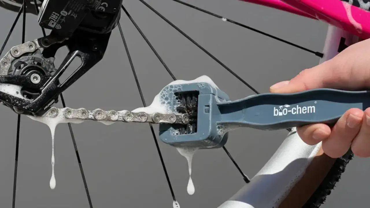 Mit einem speziellen Werkzeug wird die Fahrradkette gereinigt und gepflegt. Schaum tropft von der Kette.