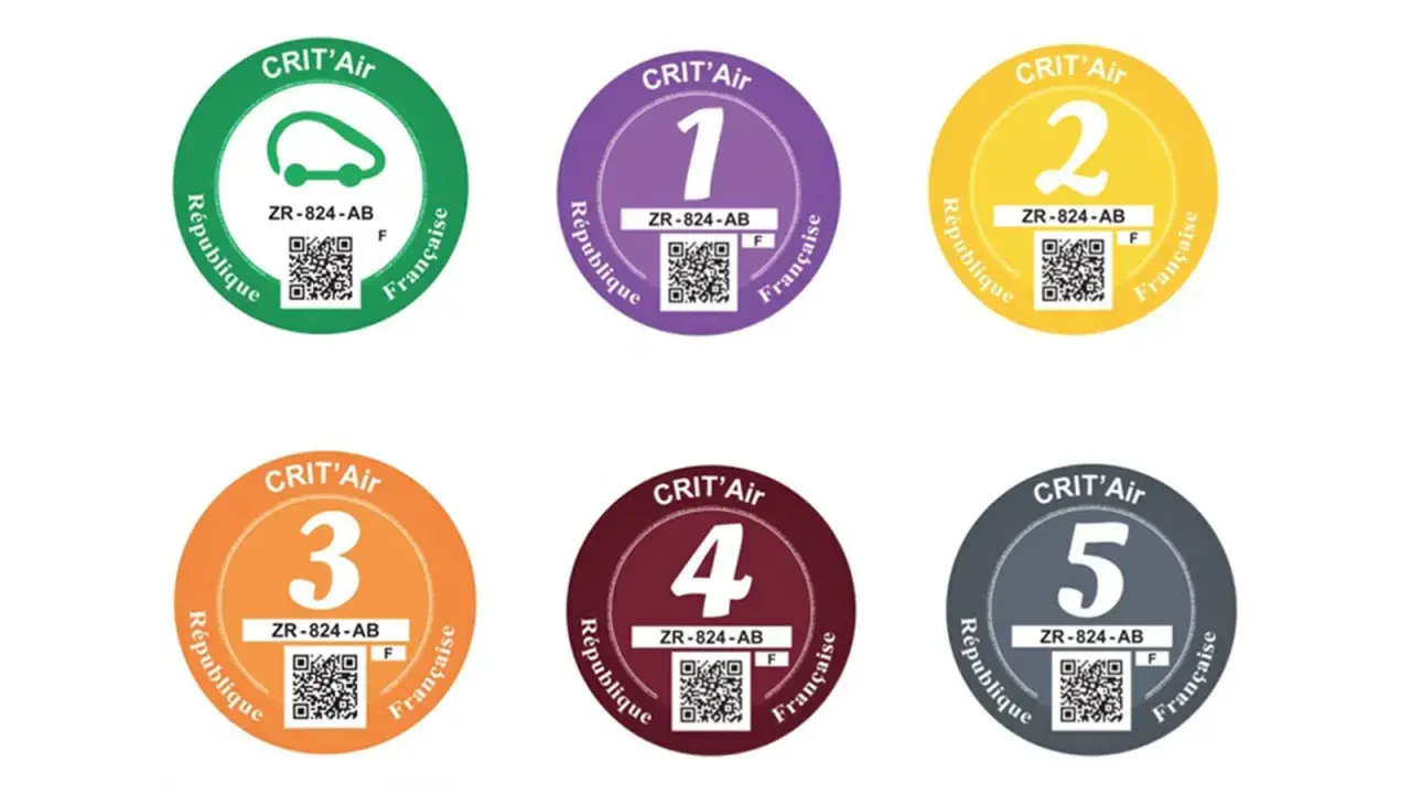 Sechs französische Umweltplaketten (Crit'Air) in verschiedenen Farben und mit Nummern von 1 bis 5, die die Luftverschmutzungsklasse anzeigen.