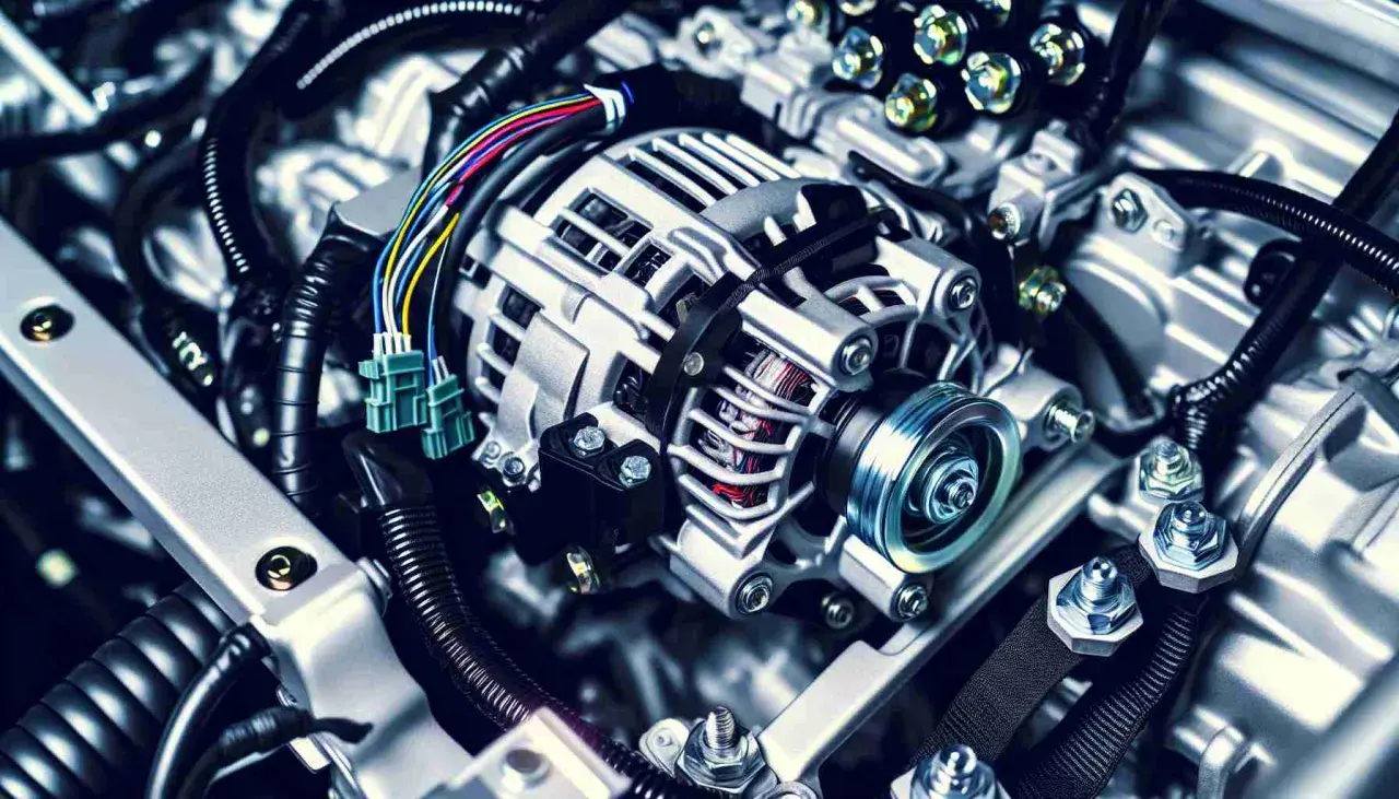 Detailaufnahme einer Lichtmaschine im Motorraum. Mögliche Ursachen für Probleme: Lichtmaschine defekt oder Batterie leer.