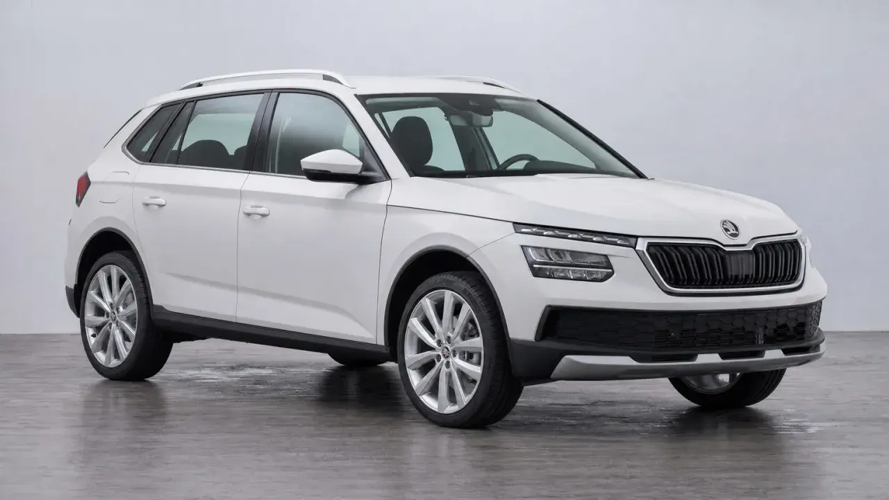 Weißer Skoda Kamiq 1.0 TSI, ein kompakter SUV, der für seine Zuverlässigkeit bekannt ist, aber auch über mögliche Probleme diskutiert wird.