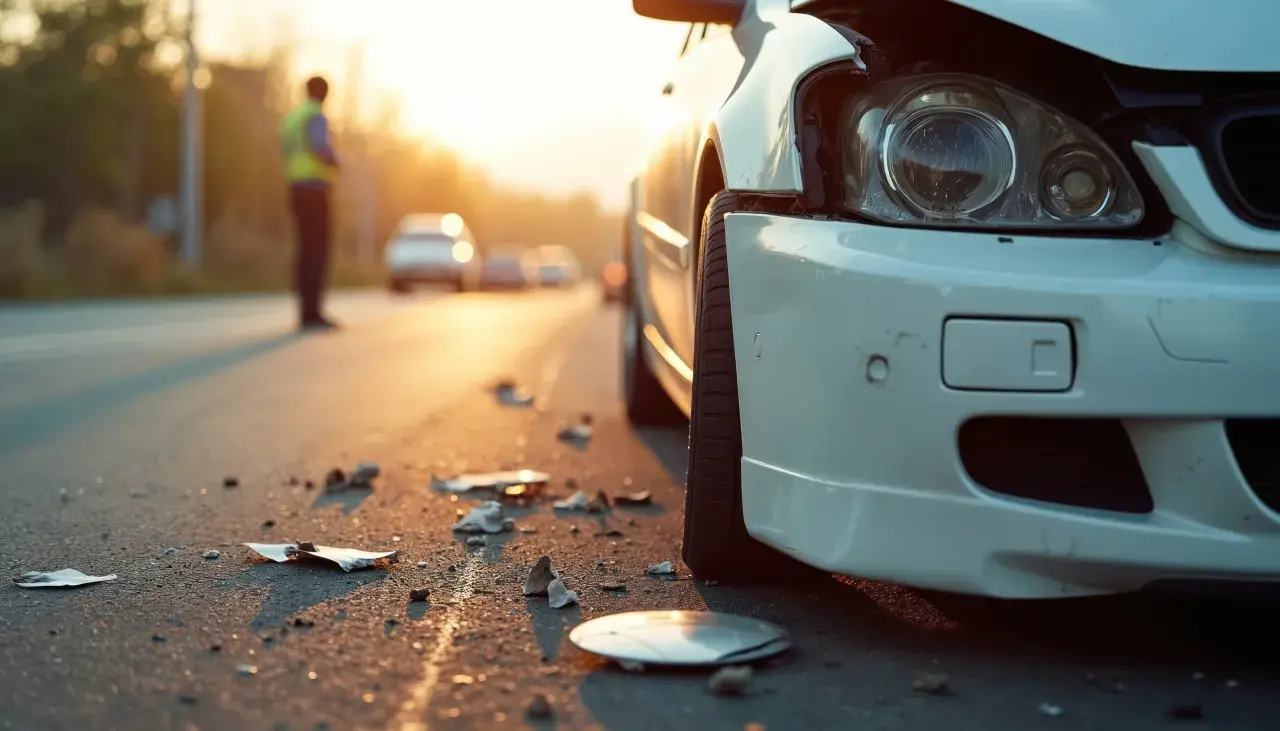 Beschädigtes Auto am Straßenrand, Trümmer auf dem Asphalt. Ein Mann in Warnweste steht im Hintergrund. Ein Albtraum für jeden Fahranfänger in der Probezeit.