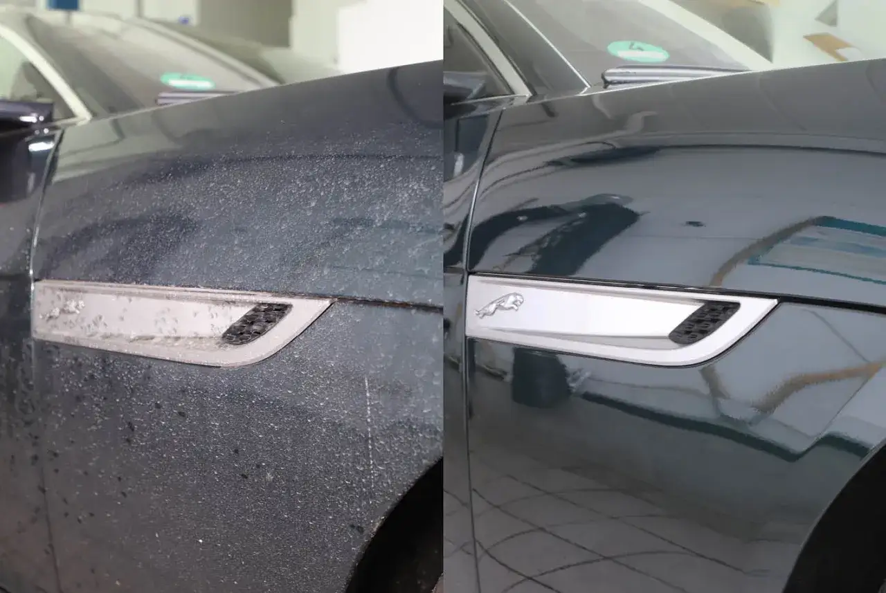 Vorher/Nachher-Vergleich: Ein schmutziges Auto wird wieder gl&auml;nzend. So sieht das auto richtig pflegen aus!