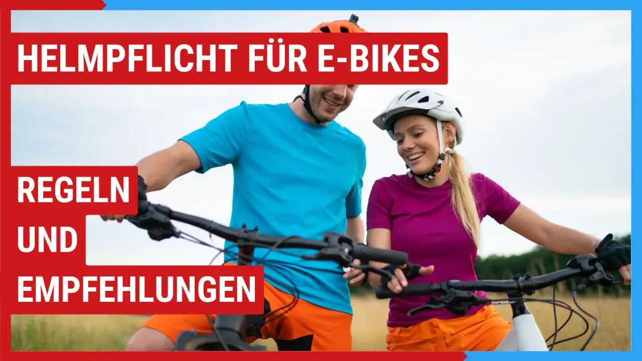 Mann und Frau mit E-Bikes, Helmpflicht f&uuml;r E-Bikes. Regeln und Empfehlungen. Fahren ohne Helm Strafe vermeiden.