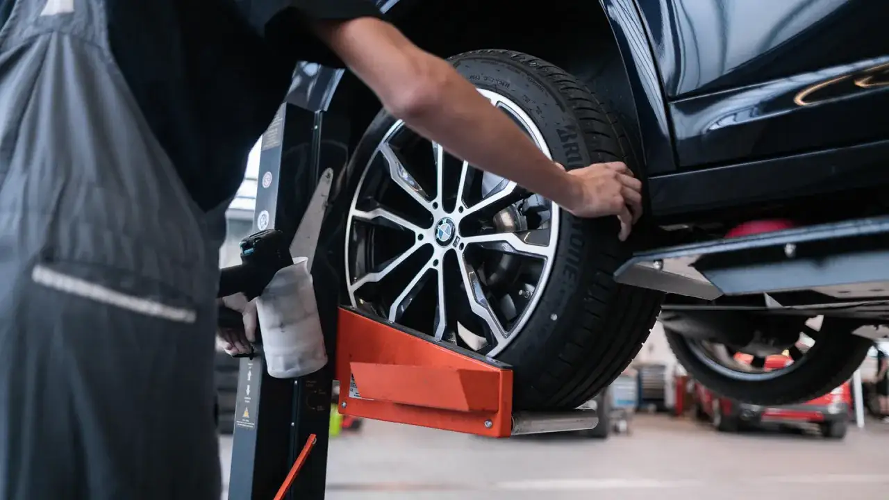 Mechaniker wechselt Reifen an einem BMW. Informieren Sie sich &uuml;ber die BMW Reifenwechsel Kosten.