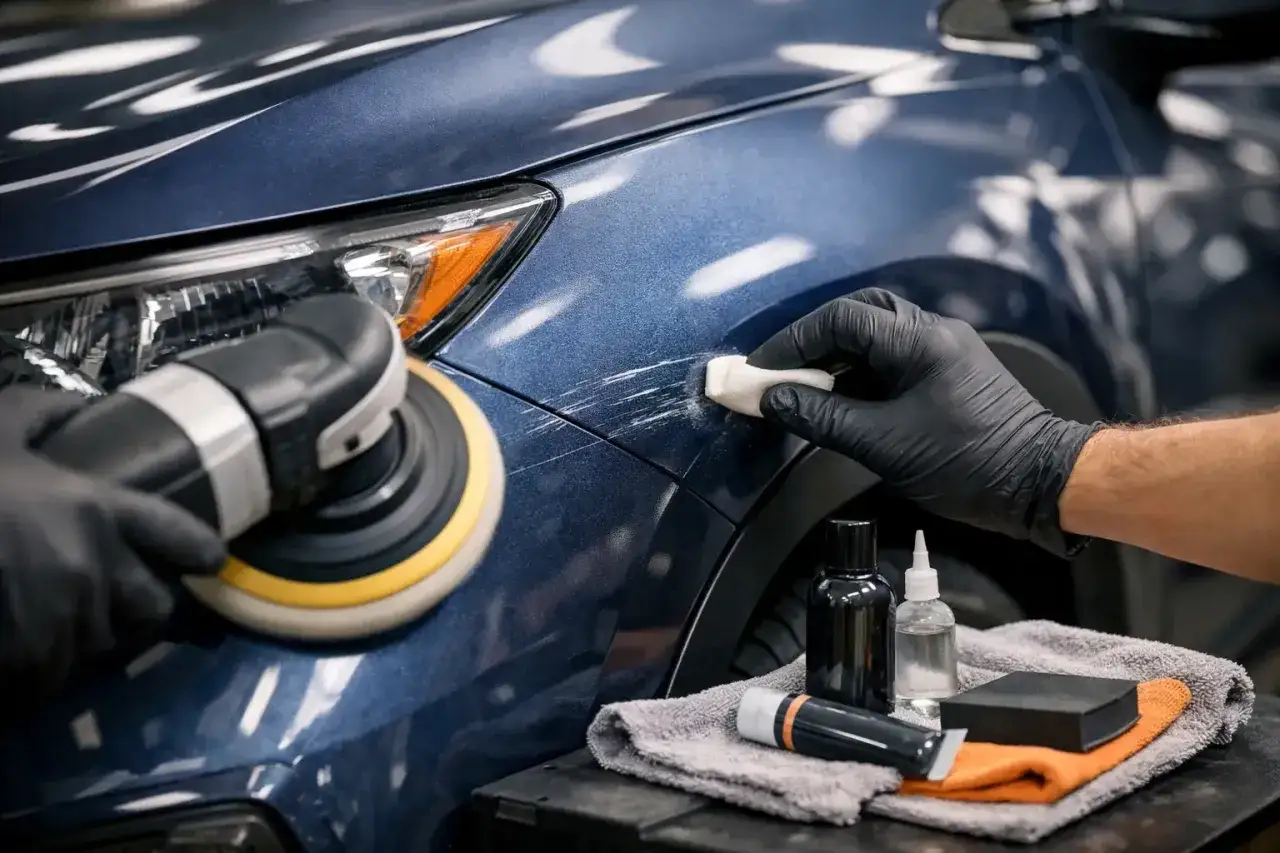 Detailing a blue car: a hand in a black glove uses a polishing machine to remove scratches. Another hand applies polish with a sponge.
