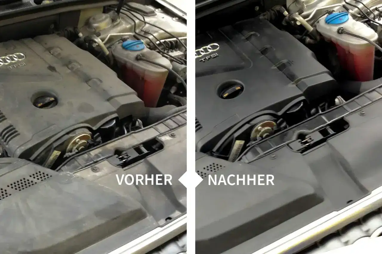 Vorher/Nachher-Vergleich eines schmutzigen Audi-Motorraums. Die Kosten f&uuml;r die Motorraumreinigung sind oft geringer als erwartet.