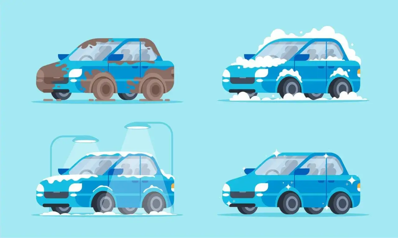 Vier Bilder zeigen die Auto waschen Reihenfolge: schmutzig, eingesch&auml;umt, abgesp&uuml;lt und gl&auml;nzend sauber.