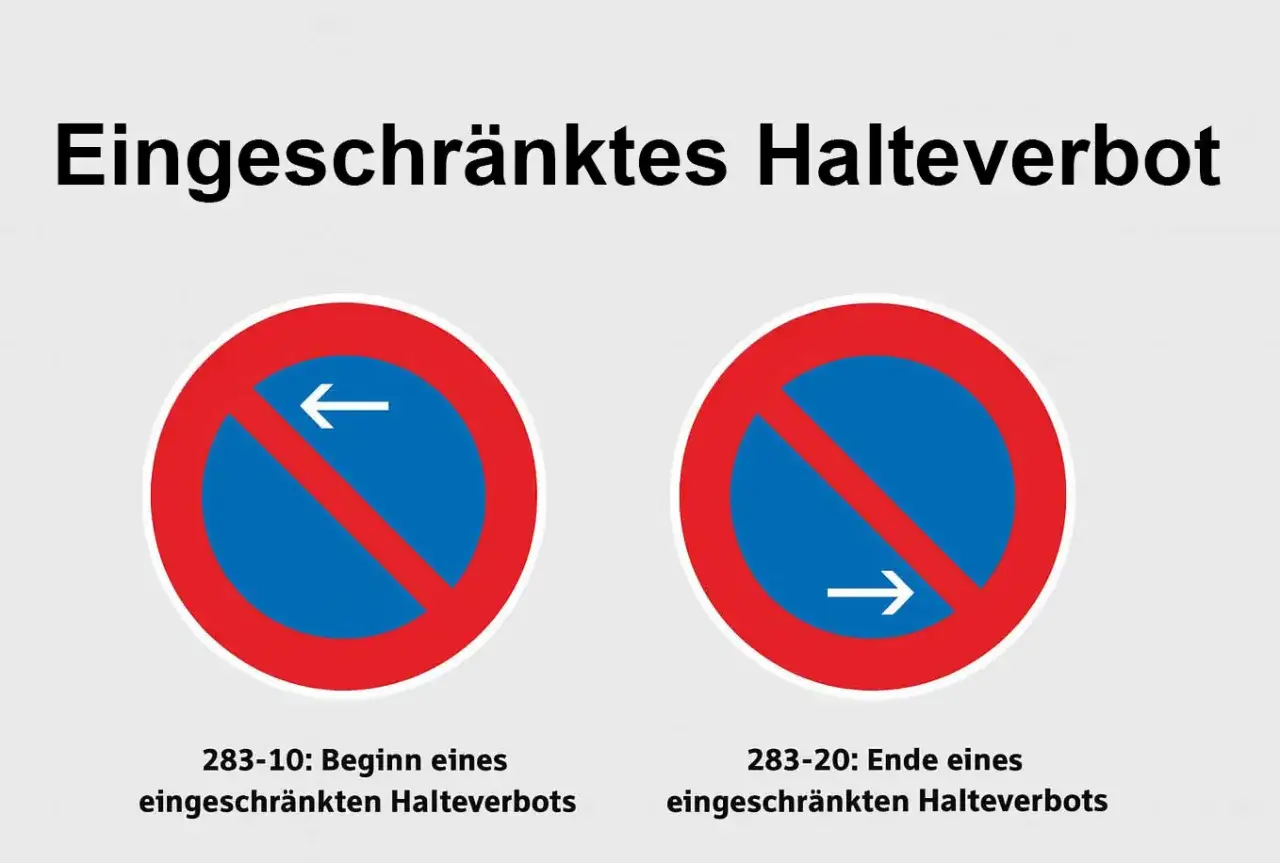 Zwei Verkehrszeichen: Beginn und Ende eines eingeschr&auml;nkten Halteverbots. Durchfahrt verboten strafe droht bei Missachtung.