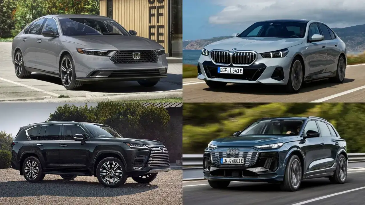 Vier verschiedene auto marken: ein grauer Honda, ein silberner BMW, ein schwarzer Lexus und ein dunkelblauer Audi.