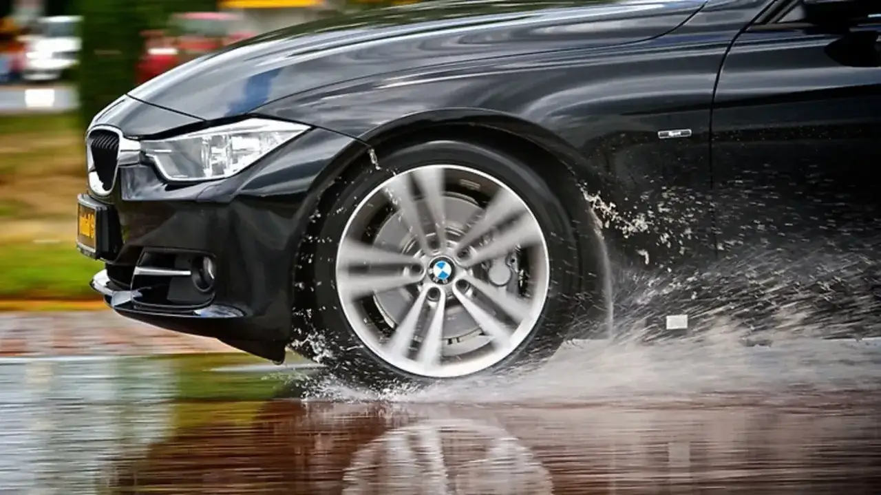Schwarzer BMW f&auml;hrt durch Wasserpf&uuml;tzen. Der Reifen des Uniroyal RainSport 5 zeigt seine Leistung im N&auml;ssetest.