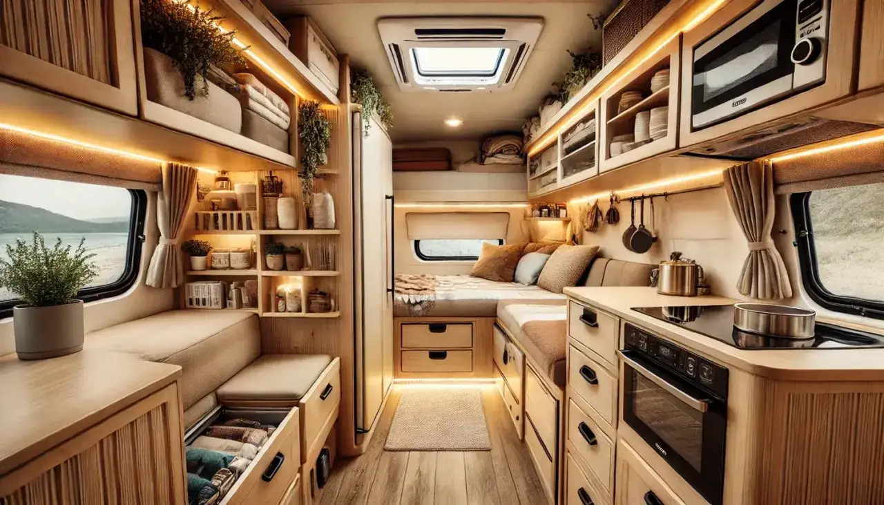 Gem&uuml;tliches Wohnmobil innen mit Holzeinbauten, Bett, K&uuml;che und viel Stauraum. Einladend und funktional eingerichtet.