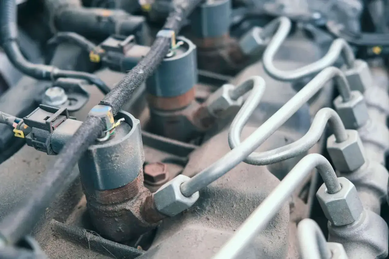 Nahaufnahme von Einspritzd&uuml;sen und Leitungen eines Motors. M&ouml;gliche kraftstoffdrucksensor defekt symptome sind hier zu sehen.