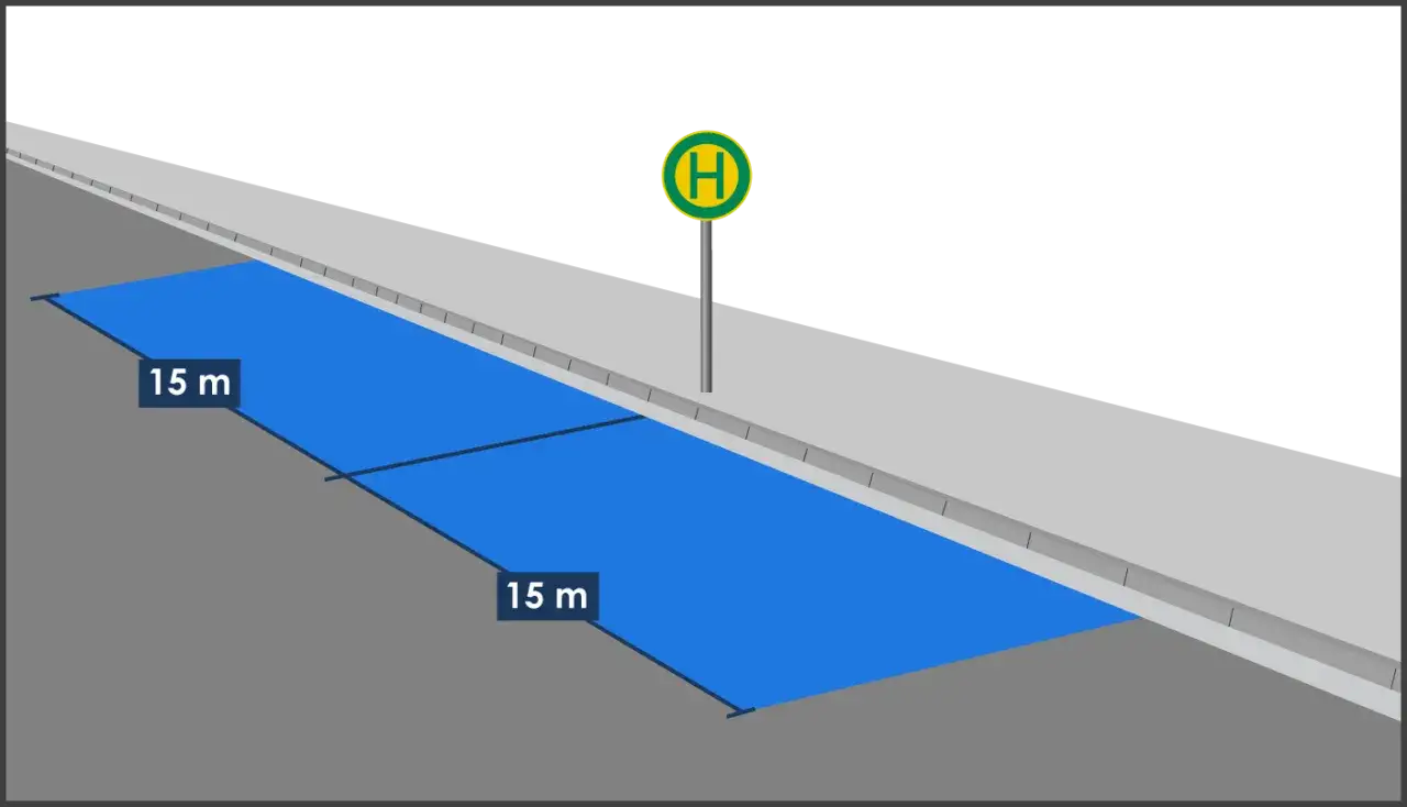 Hier wird gezeigt, wo man an Bushaltestellen halten darf: 15 Meter vor und nach dem Schild.