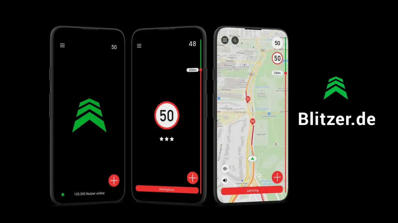 Die Blitzer.de App zeigt auf drei Handy-Screens Geschwindigkeitsbegrenzungen und eine Karte.