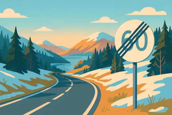Landschaft in Norwegen mit einem Schild, das das Ende des Tempolimits 60 anzeigt. Die Straße schlängelt sich durch verschneite Hügel und Wälder.