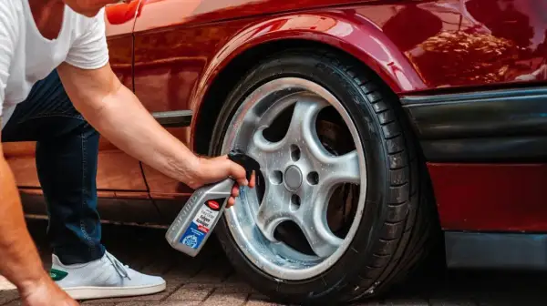 Mann sprüht Felgenreiniger auf ein glänzendes Rad eines roten Autos. Die Felgen reinigen wird so zum Kinderspiel.